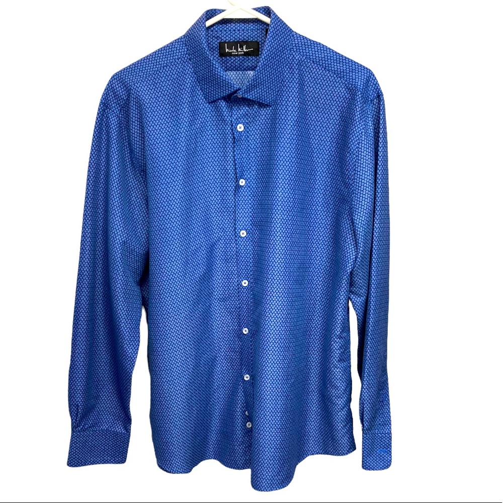 Nicole Miller NY Shirt 16-16.5 L Blue With Star Print